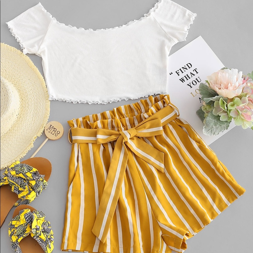 Zaful White crop top + Yellow striped shorts